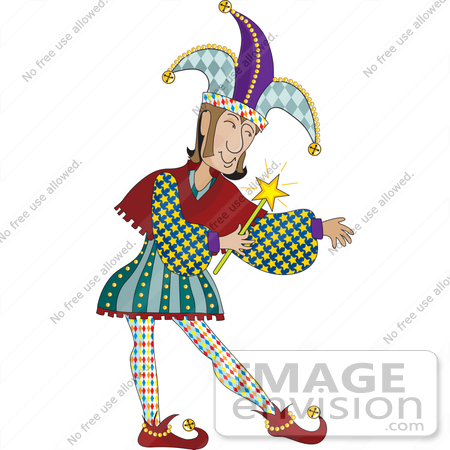 #33596 Clip Art Graphic of a Jester In A Colorful Uniform And Hat, Holding A Magic Wand by Maria Bell