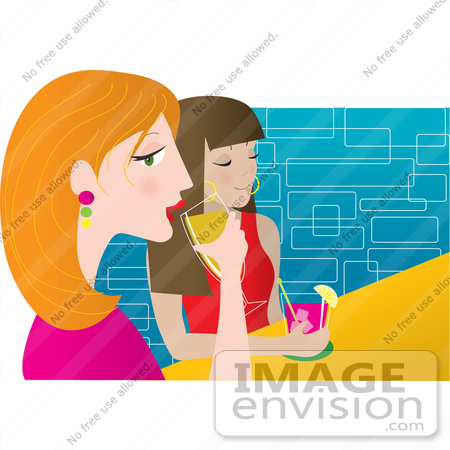 #33598 Clip Art Graphic of a Couple Of Female Friends Drinking Cocktails In A Night Club by Maria Bell
