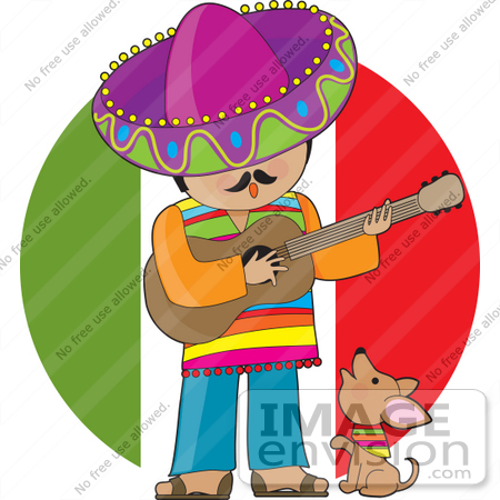 #33600 Clip Art Graphic of a Mexican Man Strumming A Guitar And Singing While A Little Dog Howls by Maria Bell