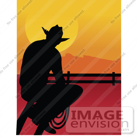 #33601 Clip Art Graphic of a Lonely Cowboy Silhouetted Against A Sunset, Sitting On A Fence And Staring At A Pasture by Maria Bell