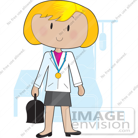#33602 Clip Art Graphic of a Blond Doctor Lady Carrying A Medical Bag And Standing In A Hospital Room by Maria Bell