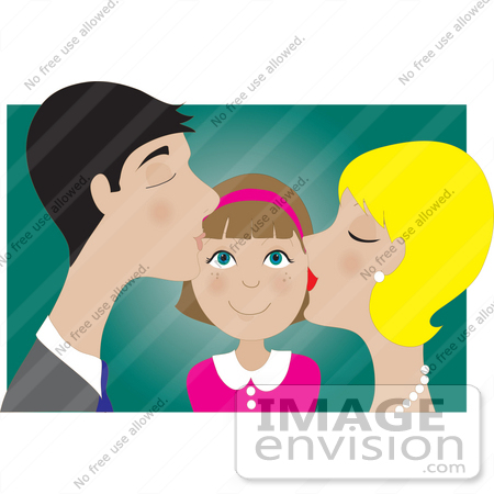 #33604 Clip Art Graphic of a Pleased Little Girl Getting Kissed On Both Cheeks By Her Daddy And Mommy by Maria Bell