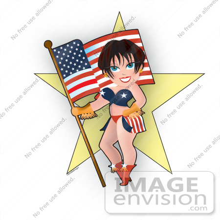 #33610 Clip Art Graphic of a Dainty Character Lady In American Clothes, Holding A Flag And Standing In Front Of A Star by Maria Bell