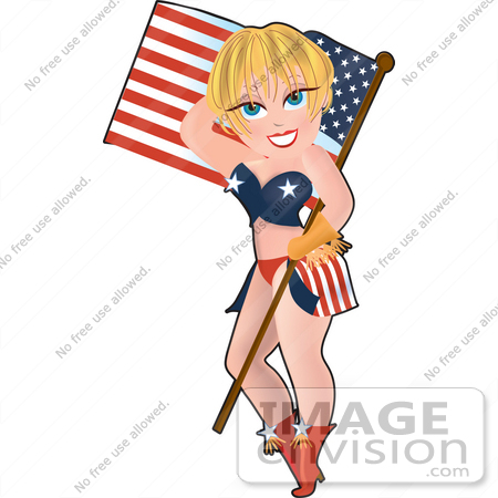 #33611 Clip Art Graphic of a Blond Dainty Character Lady In American Clothes, Carrying An American Flag by Maria Bell