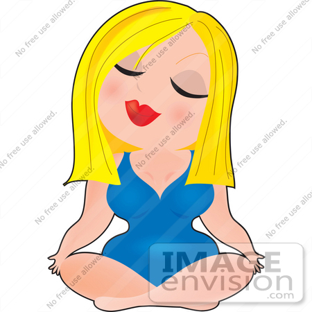 #33614 Clip Art Graphic of a Blond Dainty Character Lady In Blue, Meditating And Doing Yoga by Maria Bell