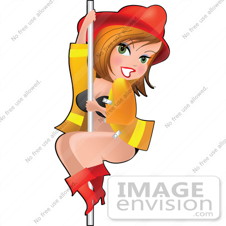 #33616 Clip Art Graphic of a Dainty Character Lady Fire Woman Sliding Down A Pole by Maria Bell