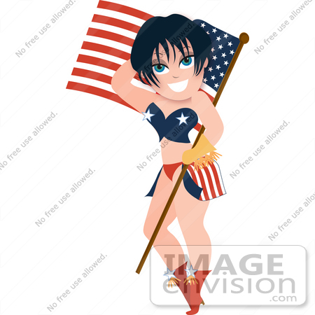 #33619 Clip Art Graphic of a Dainty Character Lady With Black Hair, Wearing Patriotic Clothes And Carrying An American Flag by Maria Bell