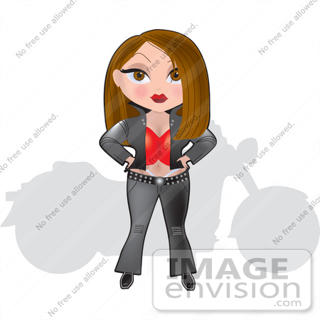 #33620 Clip Art Graphic of a Dainty Character Lady Biker With A Silhouetted Motorcycle by Maria Bell