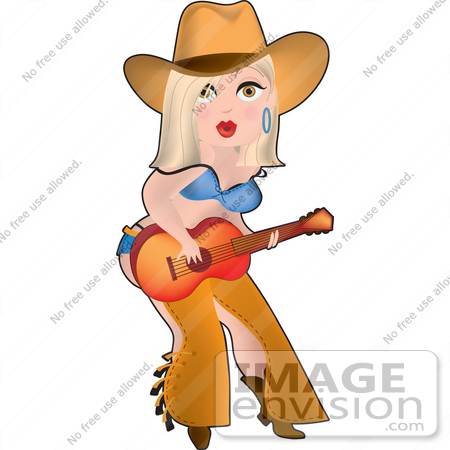 #33621 Clip Art Graphic of a Dainty Character Lady Country Cowgirl Playing A Guitar by Maria Bell
