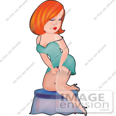 #33623 Clip Art Graphic of a Dainty Character Lady In A Sexy Slip, Putting On Hoisery by Maria Bell