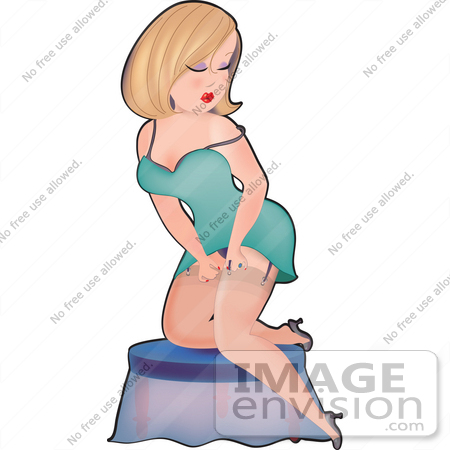 #33624 Clip Art Graphic of a Dainty Blond Haired Character Lady In A Sexy Slip, Putting On Hoisery by Maria Bell