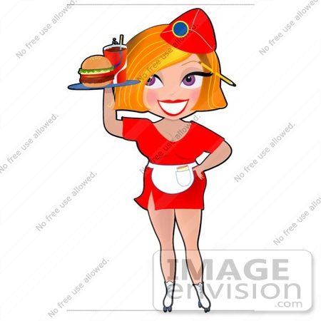 #33625 Clip Art Graphic of a Dainty Character Lady With Blond Hair, Serving Fast Food While Waitressing by Maria Bell