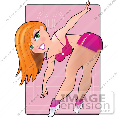 #33627 Clip Art Graphic of a Dainty Character Lady With Red Hair, Exercising At The Gym, Over A Pink Background by Maria Bell