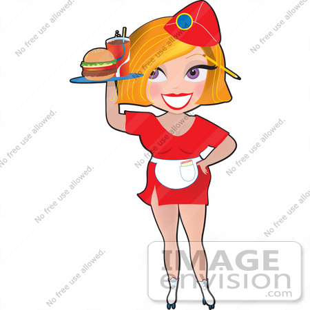 #33629 Clip Art Graphic of a Dainty Character Lady Waitressing, Wearing Red And Rollerskating Food At A Diner by Maria Bell