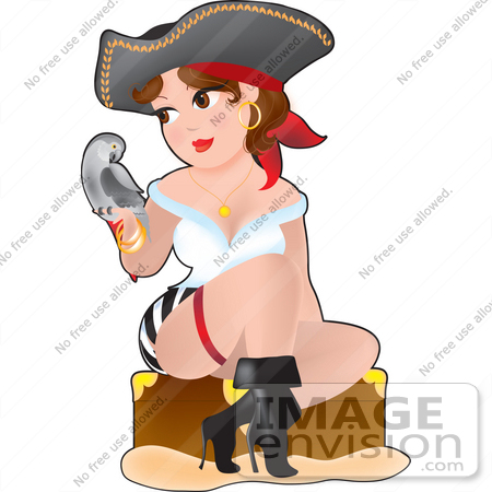 #33630 Clip Art Graphic of a Dainty Character Lady Pirate Sitting With A Gray Parrot by Maria Bell