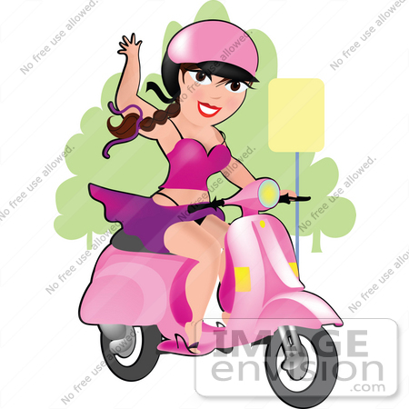 #33632 Clip Art Graphic of a Pretty Dainty Character Lady In Pink, Waving And Riding A Vespa Scooter by Maria Bell