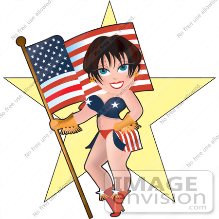 #33634 Clip Art Graphic of a Dainty Character Lady In Patriotic Clothes, Standing In Front Of A Star With An American Flag by Maria Bell