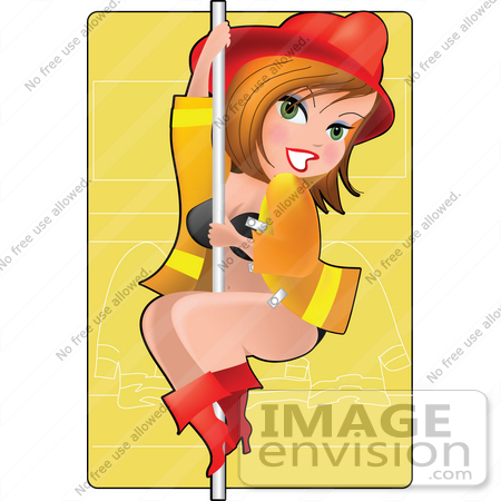 #33636 Clip Art Graphic of a Dainty Character Lady Firewoman In A Jacket And Hardhat, Sliding Down A Pole by Maria Bell