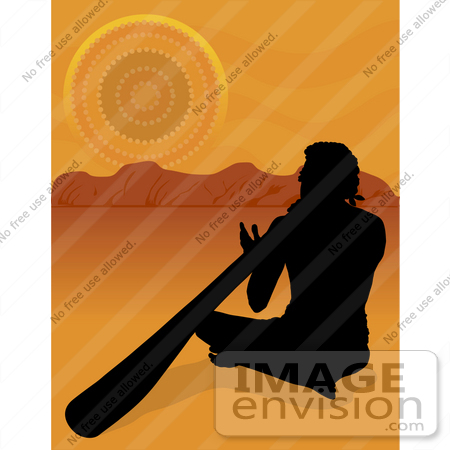 #33638 Clip Art Graphic of a Silhouetted Aboriginal Man Playing The Didgeridoo at Sunset With an Australian Landscape by Maria Bell