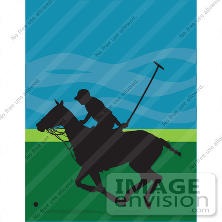 #33645 Clip Art Graphic of a Polo Player On Horseback, Running To Whack A Ball, In Silhouette by Maria Bell