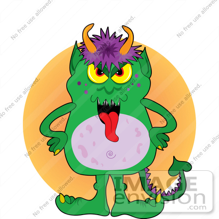 #33648 Clip Art Graphic of a Red Tongued Green Monster With Purple Hair And Orange Horns by Maria Bell