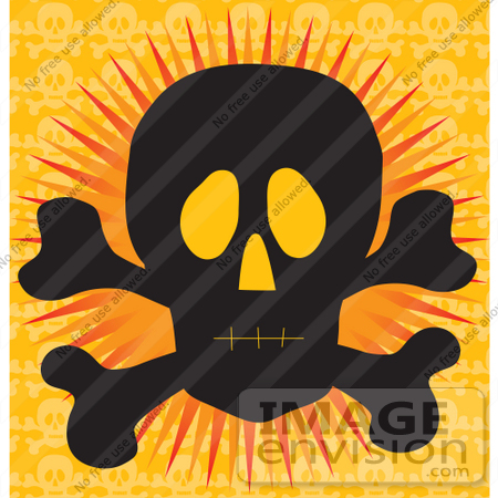 #33650 Clip Art Graphic of a Silhouetted Jolly Roger Over An Orange Background by Maria Bell