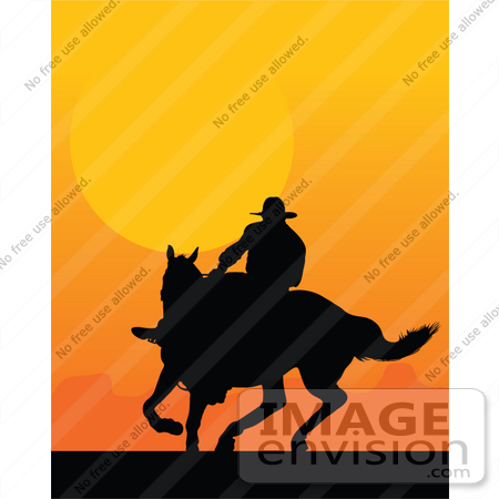 #33663 Clip Art Graphic of a Silhouetted Cowboy Riding A Horse At Sunset by Maria Bell