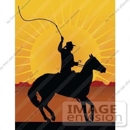 #33665 Clip Art Graphic of a Silhouetted Horseback Cowboy Cracking A Whip At Sunset by Maria Bell