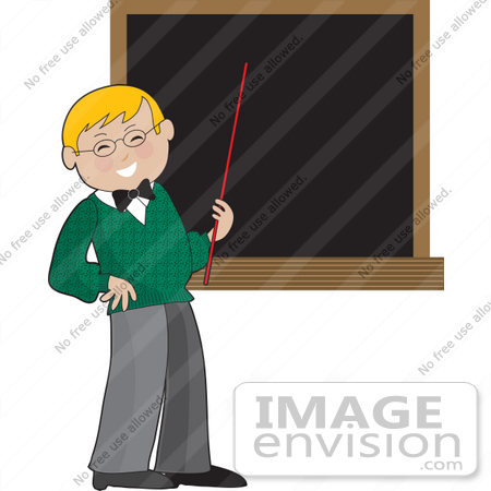 #33669 Clip Art Graphic of a Happy Blond Male Teacher Holding A Pointer Stick To A Chalkboard by Maria Bell