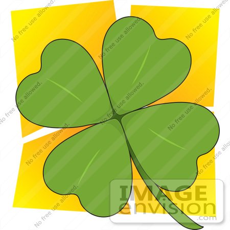 #33670 Clip Art Graphic of a Four Leaved Green Clover Over A Yellow Background by Maria Bell
