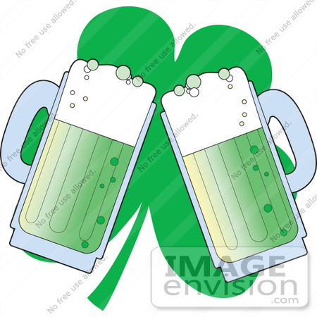 #33671 Clip Art Graphic of a Green Glover Behind Two Green Mugs Of Beer by Maria Bell
