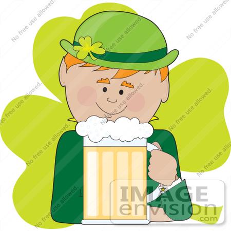 #33672 Clip Art Graphic of a Green Clover Behind A Leprechaun Drinking Beer by Maria Bell