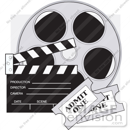 #33675 Clip Art Graphic of a Film Reel, Clapboard And Tickets by Maria Bell
