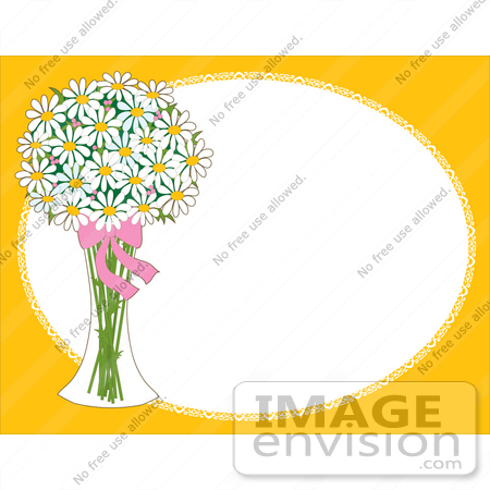 #33677 Clip Art Graphic of a Glass Vase Of White Daisies With A Bow, On A Yellow Oval Frame by Maria Bell