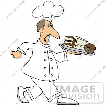 #33898 Clip Art Graphic of a Grumpy Caucasian Male Chef In Uniform, Carrying A Tray Of Cake Slices And A Cupcake by DJArt