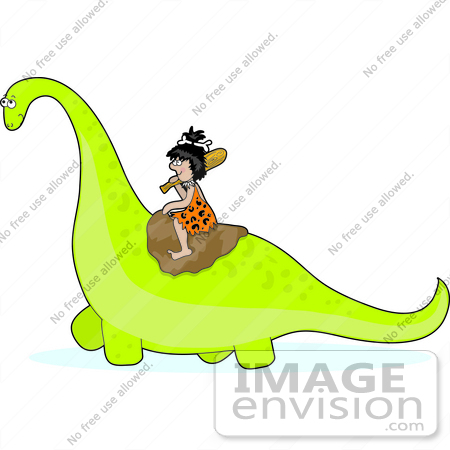 #33908 Clip Art Graphic of a Cute Cave Woman in a Leopard Print Dress and a Bone in Her Hair, Resting a Club on Her Shoulder and Riding on the Back of a Green Brontosaurus Dino by Maria Bell