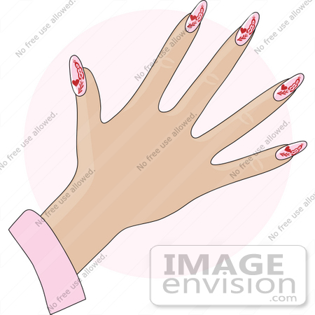 #33950 Clip Art Graphic of a Lady’s Hand With Gel Red Hearts On Pink Gel Acrylic Nails by Maria Bell