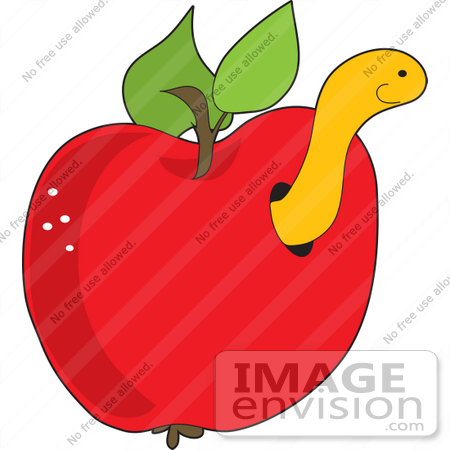 #33962 Clip Art Graphic of a Worm or Caterpillar Coming Out of a Hole in a Red Apple by Maria Bell