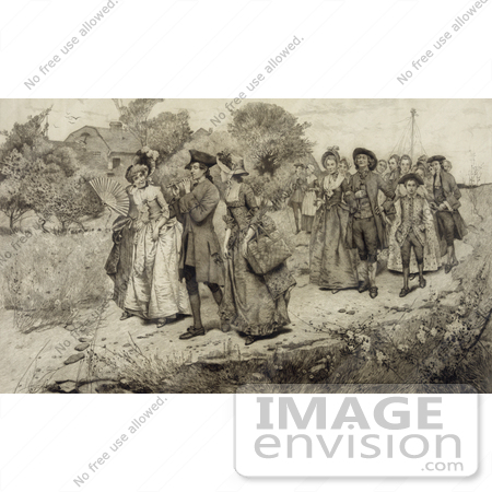 #33972 Stock Illustration Of Colonial Men, Women And Children Strolling On A Path, One Man Playing A Flute, A Maypole In The Background On May Day, Labor Day by JVPD
