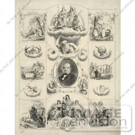 #33977 Stock Illustration Of Biblical Scenes Around A Portrait Of Thomas Wildey Of The Odd Fellowship by JVPD