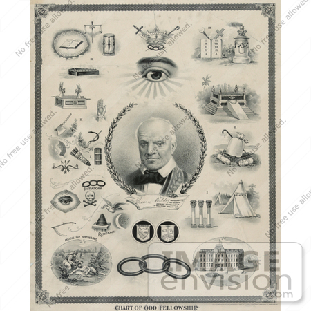 #33978 Stock Illustration Of The Chart Of Odd Fellowship Showing Scenes Around A Portrait Of Thomas Wildey, Founder Of The First Lodge Of American Odd Fellowship At Baltimore, April 26 1819 by JVPD