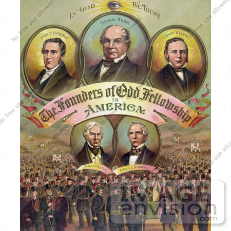 #33979 Stock Illustration Of Portraits Of John P. Entwisle, Thomas Wildey, John Welch, James Gettys, And James L. Ridgely Surrounded By A Massive Crowd, The Founders Of Odd Fellowship In America, In God We Trust by JVPD