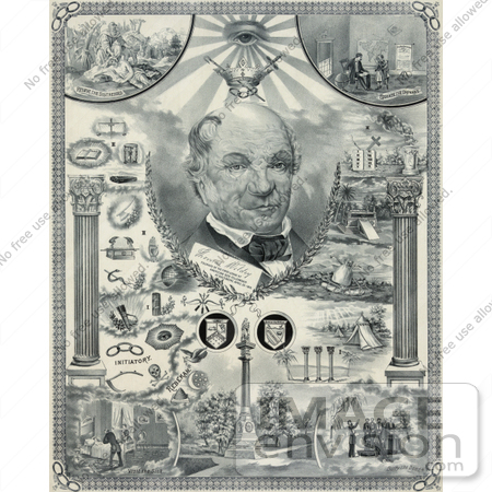 #33984 Stock Illustration Of Biblical Scenes And Items Surrounding A Portrait Of Thomas Wildey, The Founder Of The Odd Fellows by JVPD