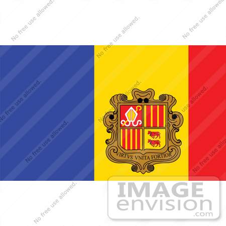 #34078 Clip Art Graphic of the Blue, Red And Yellow National Flag Of The Principality Of Andorra With With The Virtus Unita Fortior Coat Of Arms by JVPD