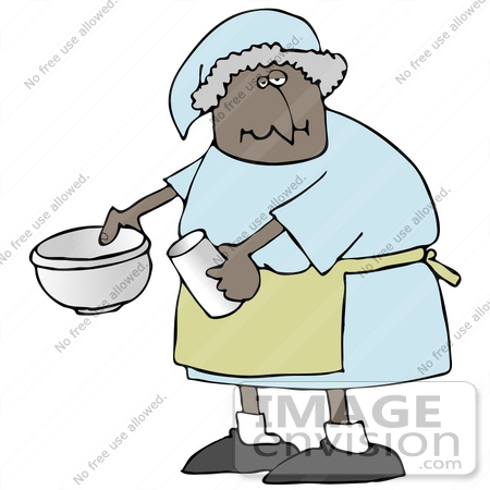 #34093 Clip Art Graphic of an African American Granny Using A Mixing Bowl To Make Pancakes For Her Family by DJArt