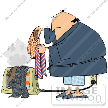 #34094 Clip Art Graphic of a Caucasian Man Unsure Of How To Dry His Clothes, Hanging Laundry On A Floor Heater by DJArt