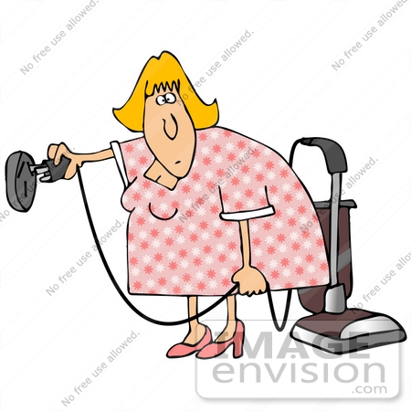 #34095 Clip Art Graphic of a Confused Blond Lady Trying To Plug A Vacuum Into The Wrong Socket by DJArt