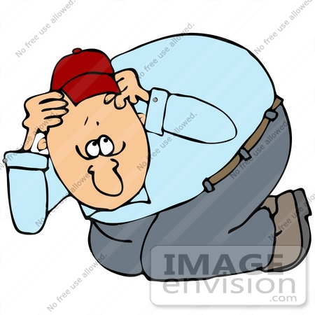 #34099 Clip Art Graphic of a Scared Man Ducking And Covering His Head During An Earthquake by DJArt