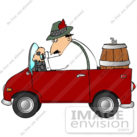 #34100 Clip Art Graphic of an Oktoberfest Dressed Man Driving A Beer Keg To A Party In A Convertible Car by DJArt