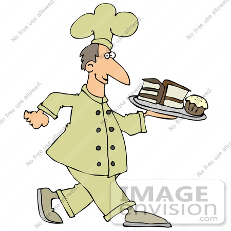 #34101 Clip Art Graphic of a Chef With Cakes And Muffins On A Tray by DJArt
